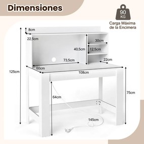 Secretária de computador 108 x 60 x 125 cm com estante com tomadas e orifício para cabos branca