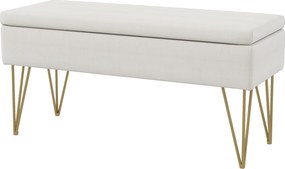 Banco com baú de arrumação 2 em 1 em tecido com pés em forma de alfinete em aço dourado 100 x 40 x 49 cm creme