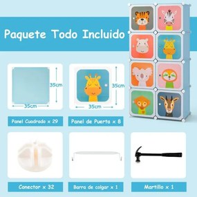 Armário infantil portátil para bebés 75 x 37 x 145 cm Plastico com 8 cubos e secção para pendurar roupas azul