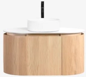 Conjunto De Móvel De Casa De Banho Suspenso 90x50 Cm Em Madeira Carsone Madeira Natural & Sem Unidade Auxiliar & Cerâmica Redonda Branca - Sklum