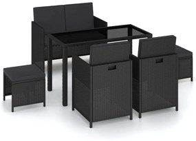 vidaXL 6 pcs conjunto jantar exterior com almofadões vime PE preto