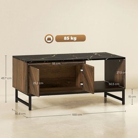 Mesa de centro, mesa de sala, tampo com efeito de mármore, 2 portas e 2 compartimentos abertos, 100 x 50,8 x 45,7 cm, cor nogueira