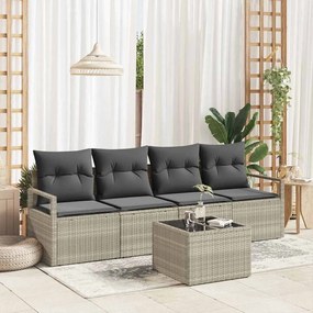 Conjunto de Sofás de Jardim vidaXL de 5 Peças com Almofadas Cinza Claro Polirattan