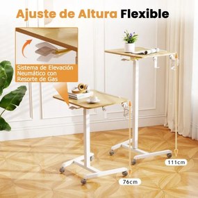 Secretária dobrável com tampo inclinável 90° Altura ajustável com rodas universais Gancho e porta-copos 60 x 48 x 76-111 cm Natural