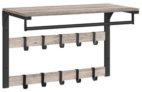 Cabideiro de parede VASAGLE com prateleira, prateleira de parede com 10 ganchos removíveis, prateleira suspensa, montagem na parede, 2 cabideiros, varão para roupas, para corredor, quarto, banheiro, cinza-preto LCR101B02