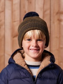Conjunto às riscas gorro + gola snood + luvas/mitenes para menino   caqui