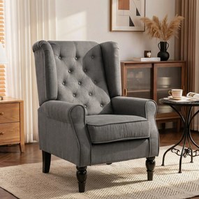 Poltrona de Sala, 86 x 74 x 102 cm, Encosto Alto Capitonado com Abas, Cinzento