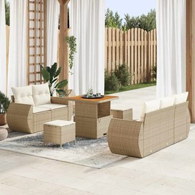 vidaXL Conjunto de Sofá de Jardim com 8 Peças e Almofadas Beiges em Rattan Sintético e Acácia.