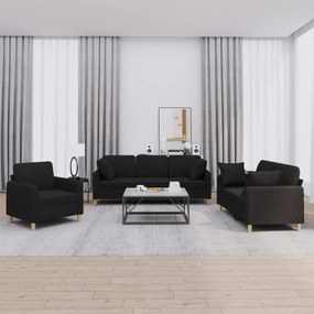 3202074 vidaXL 3 pcs conjunto de sofás com almofadas tecido preto