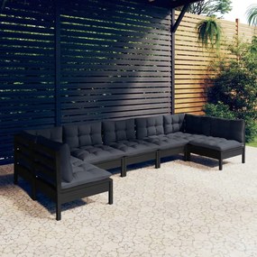 vidaXL 7 pcs conjunto lounge jardim c/ almofadões pinho maciço preto