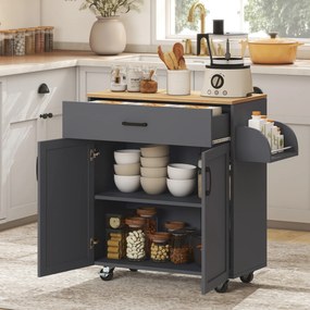 Carrinho Ilha de Cozinha com 1 Gaveta Suporte para Panos e Especies Carrinho Auxiliar com Rodas 105x36x85 cm Cinza