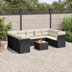 10 pcs conjunto sofás de jardim c/ almofadões vime PE preto