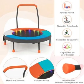 Mini-trampolim para crianças de 90 cm com luzes, dobrável, com barra de espuma e capa de segurança acolchoada multicolorida 2