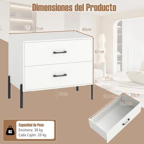 Conjunto de 2 mesas de cabeçeiras, 71 x 40 x 61 cm, 2 Gavetas, Brancas