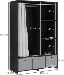 Guarda Roupa com barra para cortinas 105 x 48 x 160 cm, 3 compartimentos abertos e 3 gavetas de tecido removíveis, preto, cinzento