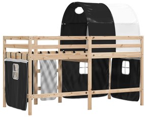 Cama alta criança c/ túnel 90x200 cm pinho maciço branco/preto