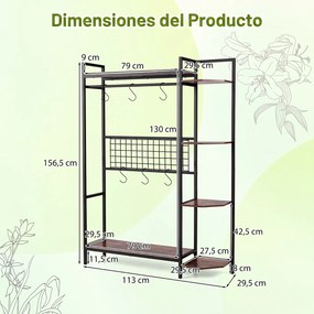 Estante de Arrumação e Bengaleiro Industrial, 113 x 29,5 x 156,5 cm, 6 Ganchos e 6 Prateleiras, Castanho+Preto