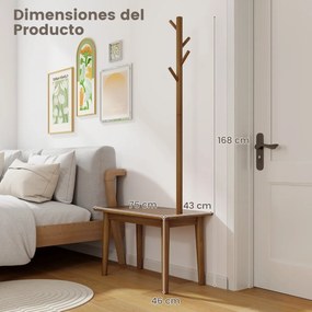 Cabide entrada com Mesa de apoio 2 em 1 de madeira maciça para quarto com sapateira e 3 cabides para casacos 76 x 43 x 168 cm Castanho