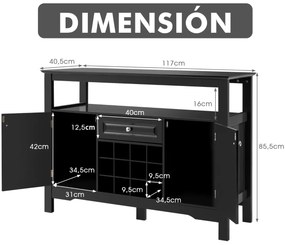 Armário de cozinha Despensa com suporte para garrafas de vinho com 2 armarios de jantar 117 x 40,5 x 82,5 cm Preto