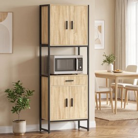 Armário de Cozinha, 60 x 30 x 170 cm, Portas com Fecho Suave, Cor Madeira Natural