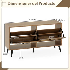 Sapateira de rattan 100 x 30 x 53 cm com 2 gavetas basculantes, superfície ampla, prateleiras ajustáveis e pés de metal para um toque natural