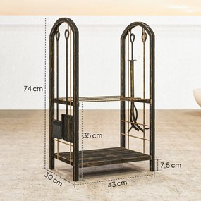 Porta-Lenha Metálico de 2 Níveis com 4 Ferramentas para Lareira e Ganchos 43x30x74 cm Castanho Escuro