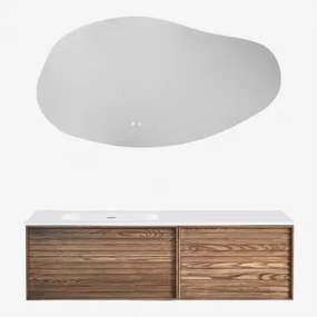 Conjunto De Móvel De Casa De Banho Suspenso 140x50 Cm Em Madeira Com Lavatório Integrado Solea Castanho Fresno & Led Irregular - Sklum