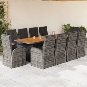 vidaXL 11 pcs conjunto jantar p/ jardim c/ almofadões vime PE cinzento