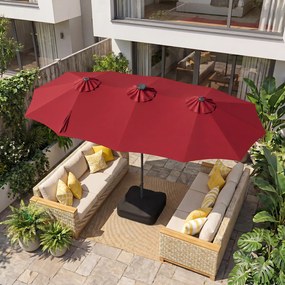 Guarda-sol Duplo Retangular de Exterior com base, 370 x 200 cm, 108 Luzes LED, Vermelho vinho