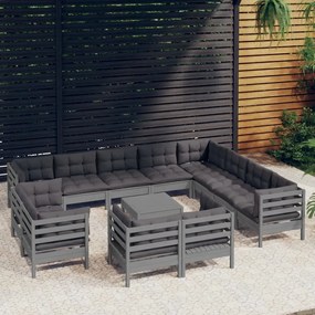 13pcs conjunto lounge de jardim + almofadões pinho maciço cinza