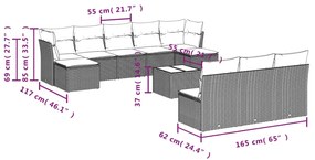 11 pcs conjunto sofás de jardim c/ almofadões vime PE bege