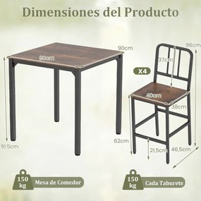 Conjunto de mesa de jantar alta e 4 bancos para 4 pessoas com estrutura metálica, mesa quadrada de estilo industrial Castanho Rústico e Preto