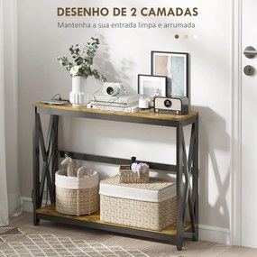 Mesa Consola de Estilo Industrial Mesa de Entrada de 2 Níveis com Estação de Carregamento 100x24x75 cm Castanho Rústico