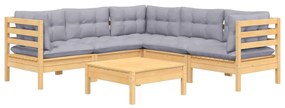 6 pcs conjunto lounge de jardim + almofadões cinza pinho maciço
