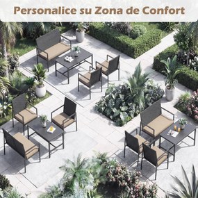 Conjunto de jardim de 4 peças em rattan para exterior: cadeiras, sofá, mesa de café em vidro temperado e almofadas macias; ideal para jardim, alpendre