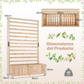 Floreira jardim de madeira com treliça vertical 90 x 34 x 150 cm, forro e drenagem para plantas trepadeiras Natural