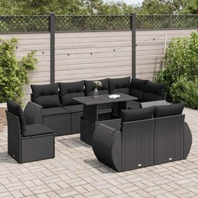 9 pcs conjunto de sofás p/ jardim c/ almofadões vime PE preto