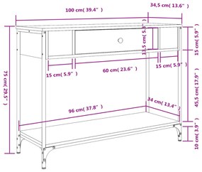 Mesa consola 100x34,5x75cm derivados de madeira cinzento sonoma