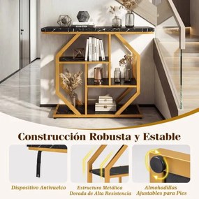 Mesa Consola Moderna 4 Níveis 100 x 29,5 x 80 cm Estrutura Metálica com Prateleiras e Superfície imitação Mármore Preto e Dourado