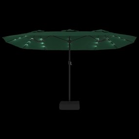Guarda-sol de jardim c/ cabeça dupla/luzes LED 449x245 cm verde