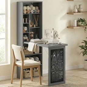 Secretária com arrumação dobrável, fixada à parede e rebatível, com estante, posto de trabalho, quadro de giz e prateleira ajustável