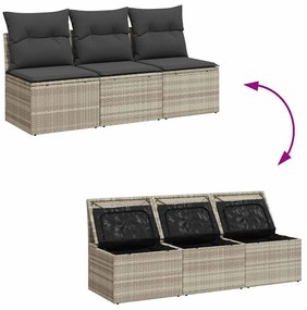 Sofá de jardim de 3 lugares c/ almofadões vime PE cinza-claro