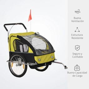 HOMCOM Reboque de Bicicleta 2 EM 1 para crianças de 2 lugares com Amortecedores Convertível em carrinho com barra e kit de corrida 129x85x105cm Amarelo
