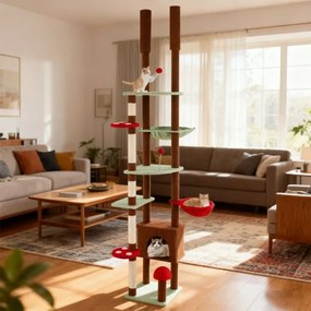 Arranhador para gatos do chão ao teto Altura ajustável com tema de cogumelo com caverna e rede Cesto suspenso giratório Castanho