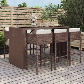 vidaXL 7 pcs conjunto de bar p/ jardim c/ almofadões vime PE castanho