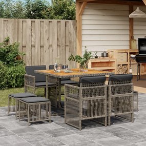 vidaXL 9 pcs conjunto de jantar p/ jardim c/ almofadões vime PE cinza
