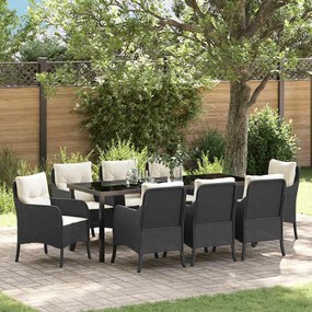 vidaXL Conjunto de Jantar para Jardim com almofada 9 pcs Preto vime PE