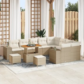 Conjunto de Sofás de Jardim de 12 Peças com Almofadas Bege Rattan Poli