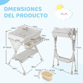 Fraldário dobrável para bebés com cesto de arrumação e cinto de segurança 3 alturas ajustáveis Cinzento