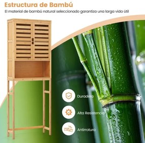 Estante de casa de banho alta em bambu com 2 portas e prateleiras 62 x 23 x 170 cm Natural